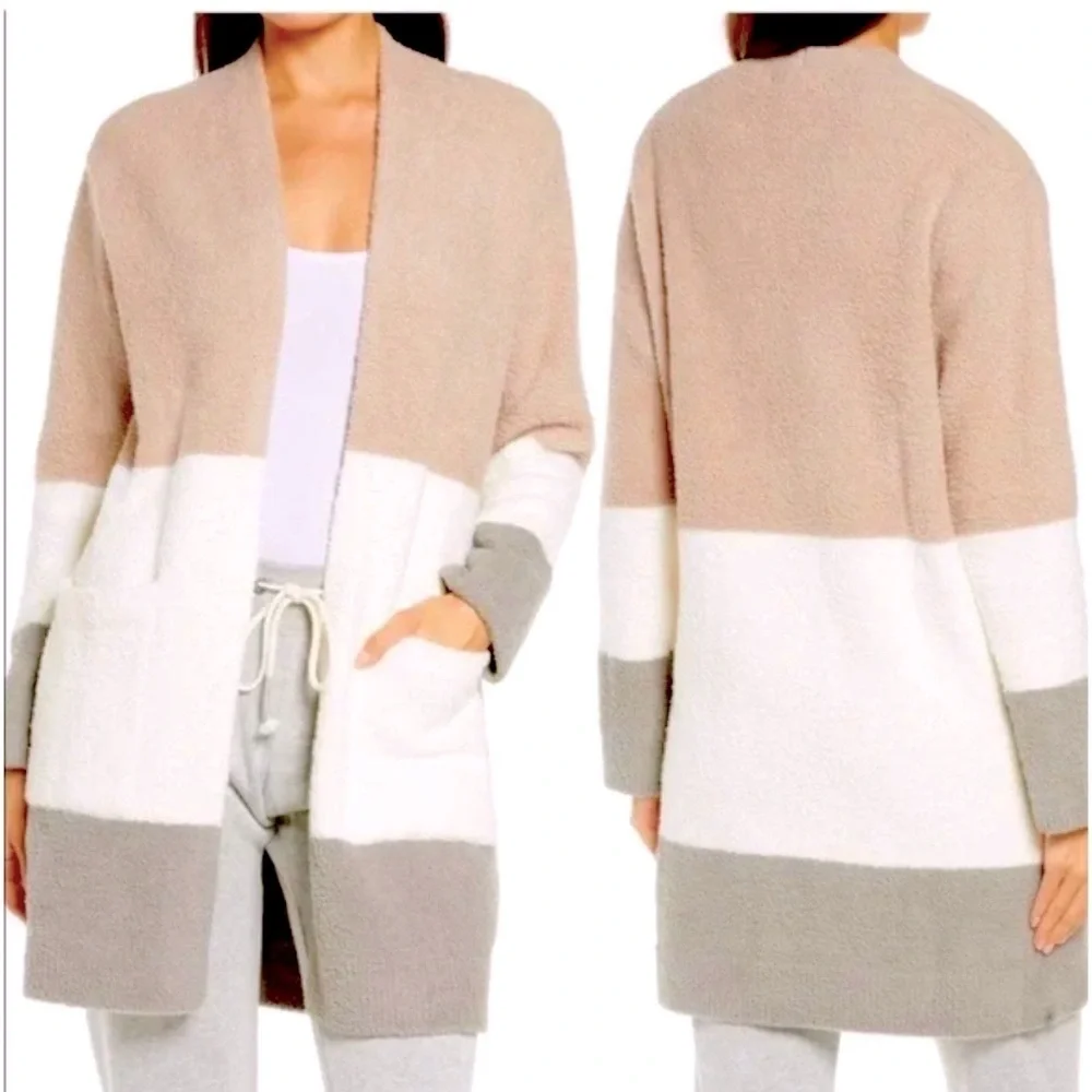 Barefoot Dreams CozyChic Knit Colorblock Warm Midi Open Front Cardigan
